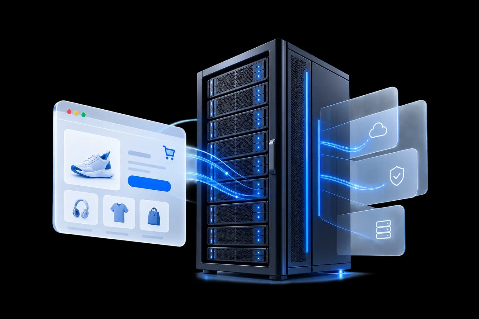 نمای یک فروشگاه اینترنتی و سبد خرید، کنار یک سرور رک‌مونت
